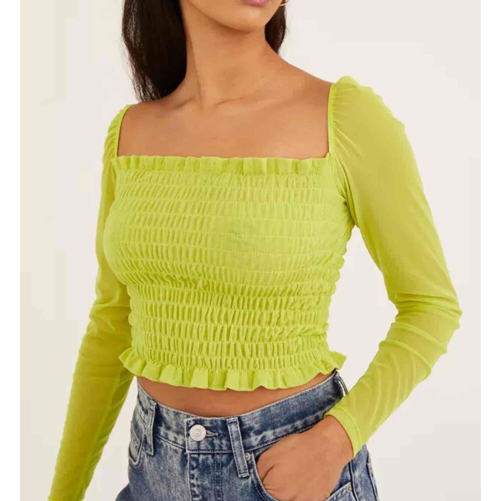 Lisa Says Gah Green Off Shoulder Ruched Smocked Crop Top Small Cropped Stretchy